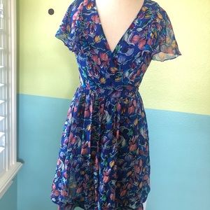 Anthropologie Blue Floral Print Wrap Dress